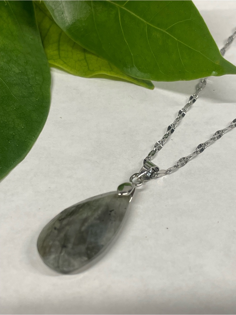Sterling Silver Teardrop Gray Gemstone Necklace